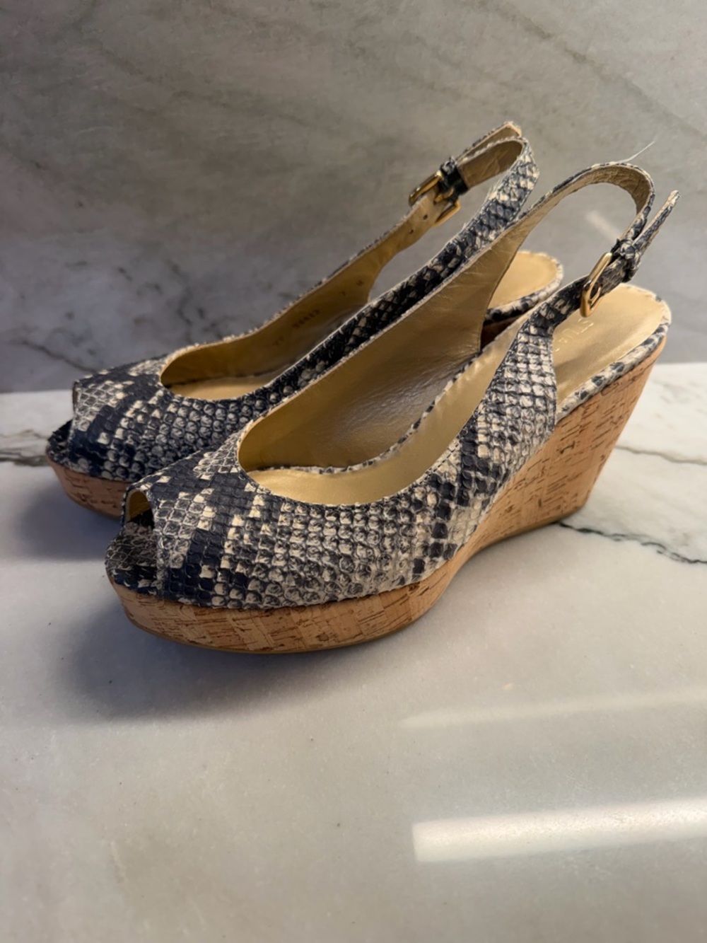 Stuart Weitzman Snake-Print Cork Wedge Slingback Peep Toe Sandals